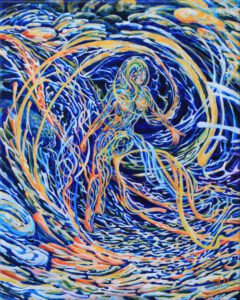 A painting of a person in the middle of a vortex.