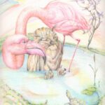 A painting of a pink flamingo and a lion