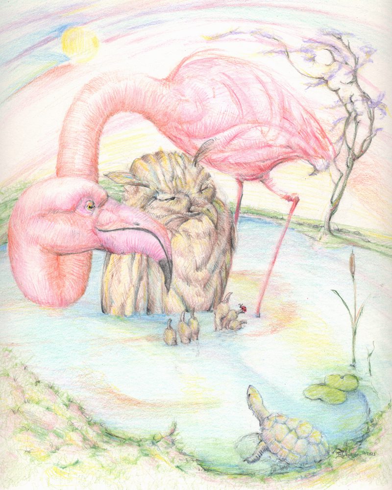 A painting of a pink flamingo and a lion