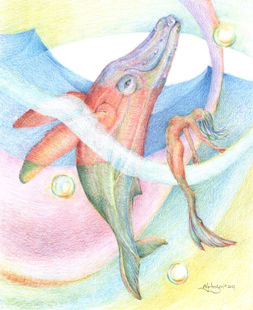 A drawing of an ocean creature with bubbles around it.