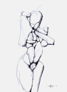 A drawing of a person with a stick