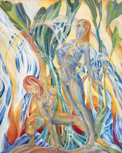 A painting of two people in the water