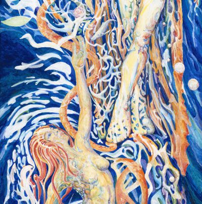 A painting of an octopus and a woman in the water.