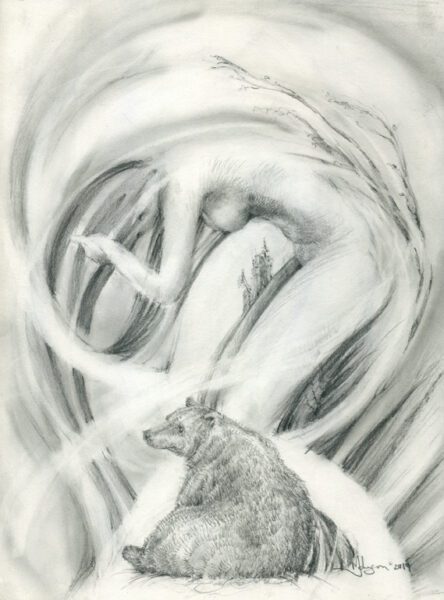 Gaia Earth and Sky Goddess, with Nonchalant Bear ; pencil & graphite powder