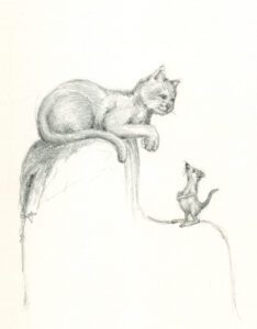 A cat and mouse are sitting on the edge of a cliff.