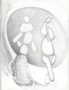 A pencil drawing of an egg and a corn cob.