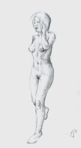 A drawing of a naked woman standing in front of the camera.