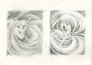 Two drawings of a woman in motion