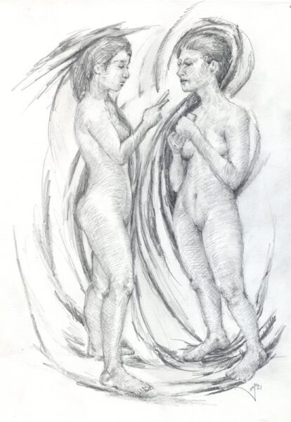 Figures in Space ; pencil drawing