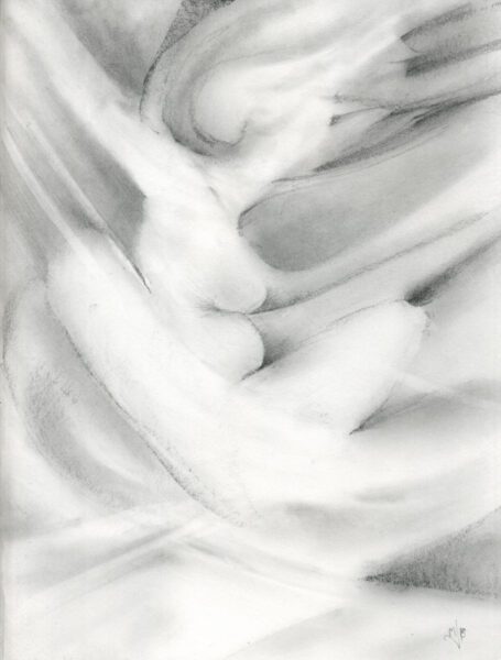 A concept drawing of an atmospheric spirit entity in seated repose. Graphite powder.