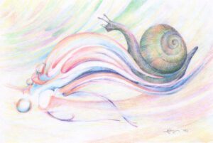 A snail is drawn in pastel colors on paper.