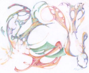 A painting of swirling shapes in pastel colors.