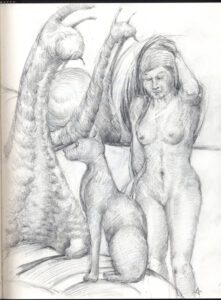 A pencil drawing of three women in the bathroom