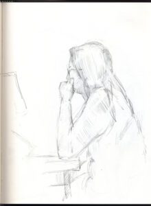 A pencil drawing of a woman leaning on her hand.