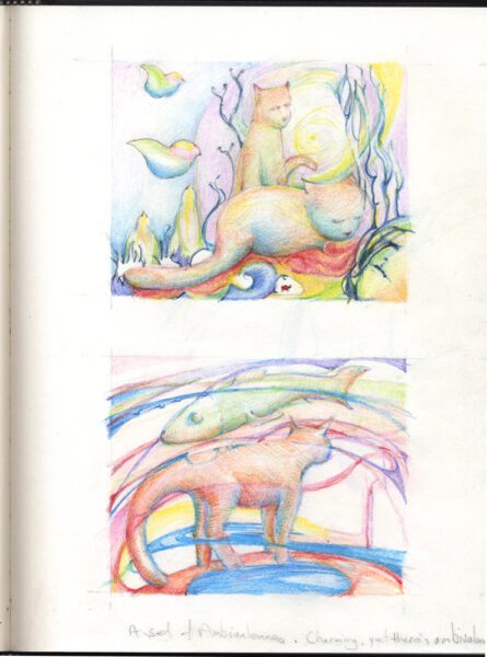 Concept sketches of whimsical cats.