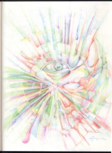 A drawing of an eye with colorful lines coming out it.